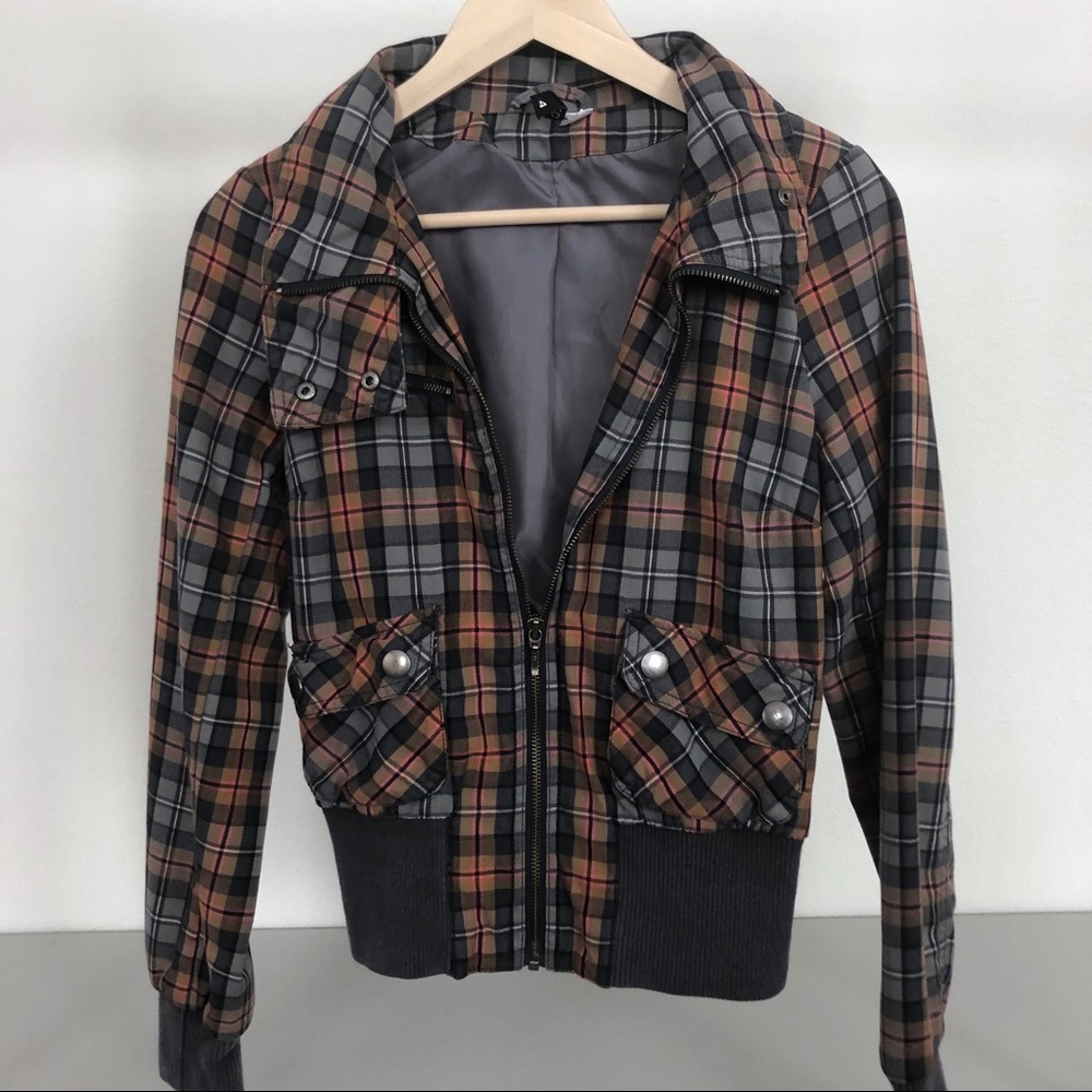 H&M Plaid Zip Up Pocket Utility Jacket